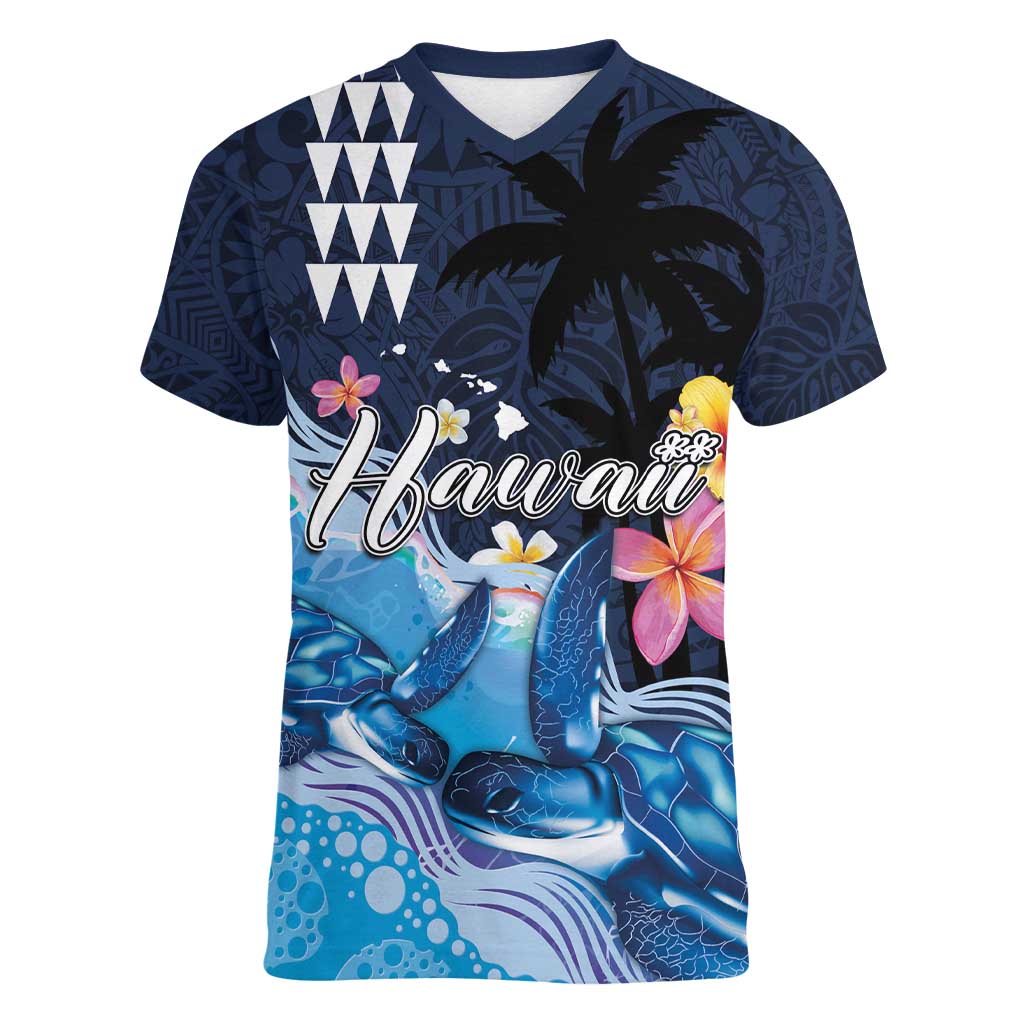 Hawaiian Honu Honi Ihu Women V-Neck T-Shirt With Plumeria and Kakau Art Pattern LT03 Female Dark Blue - Polynesian Pride