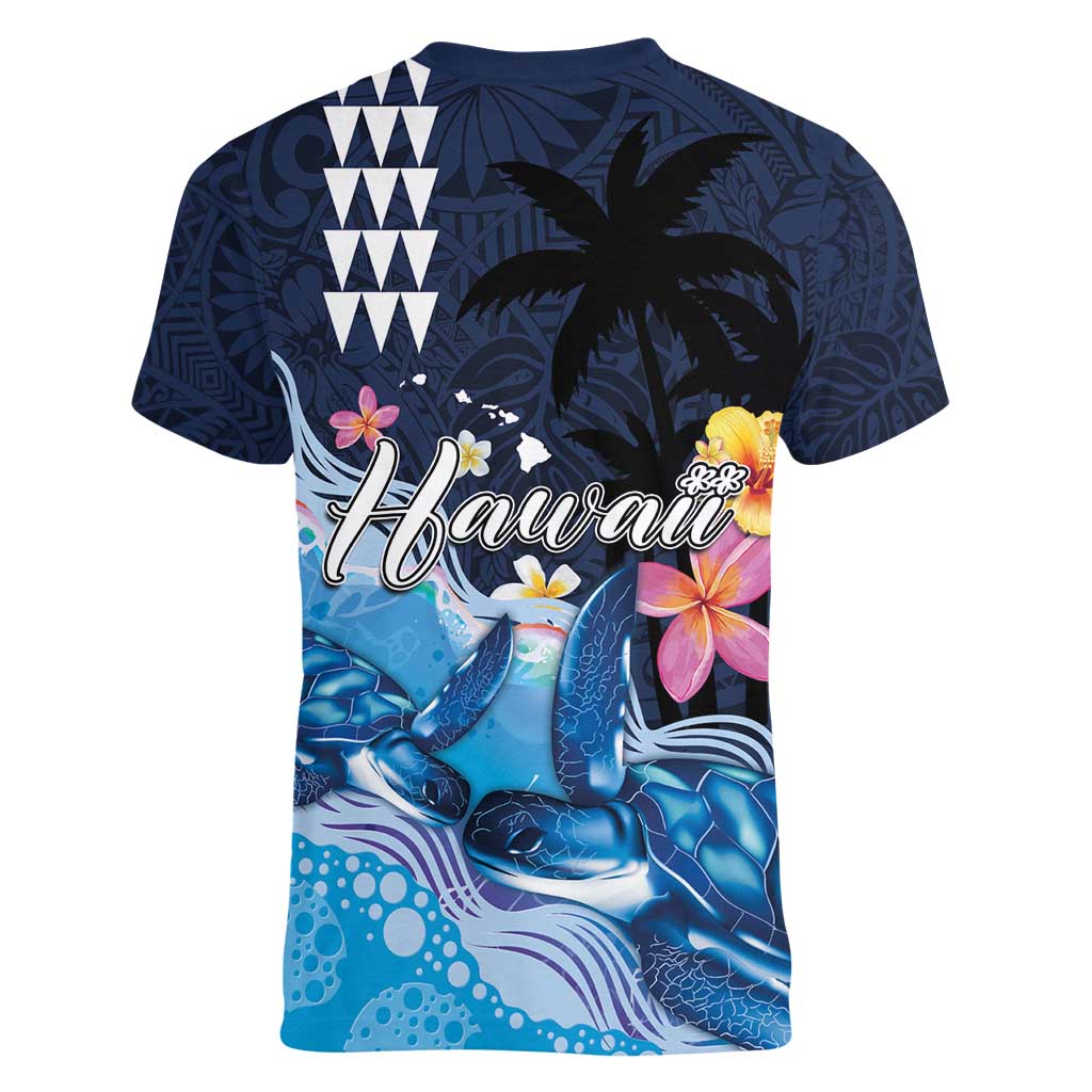 Hawaiian Honu Honi Ihu Women V-Neck T-Shirt With Plumeria and Kakau Art Pattern LT03 - Polynesian Pride