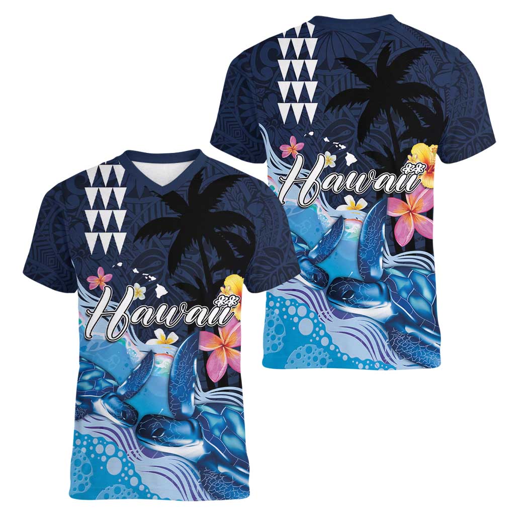 Hawaiian Honu Honi Ihu Women V-Neck T-Shirt With Plumeria and Kakau Art Pattern LT03 - Polynesian Pride