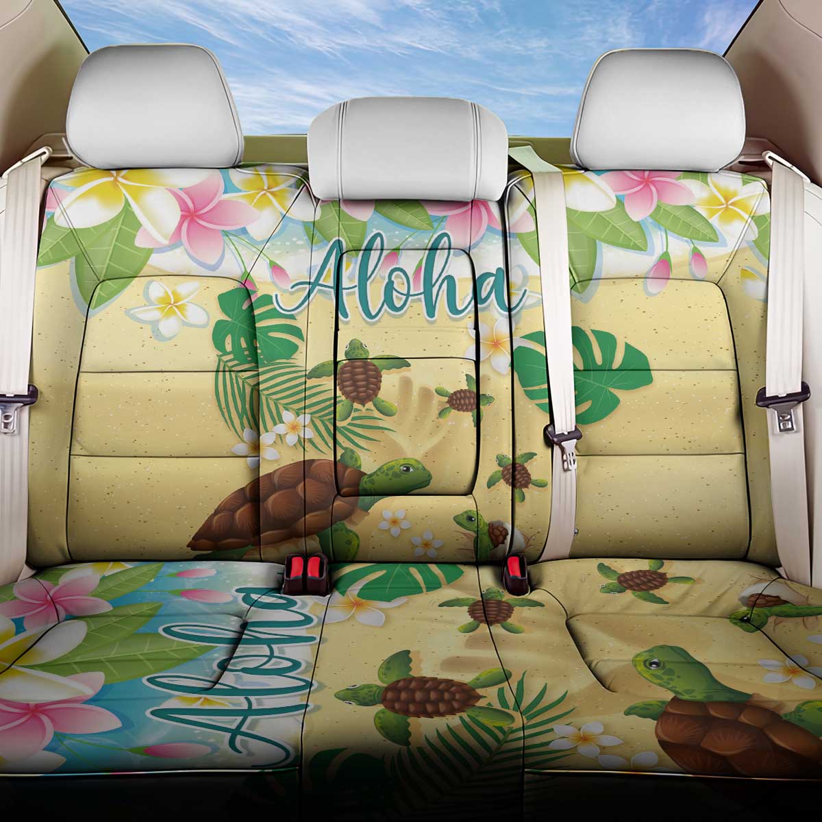 Aloha Turtle Family on The Beach Back Car Seat Cover with Hawaiian Colorful Plumeria LT03 One Size Beige - Polynesian Pride