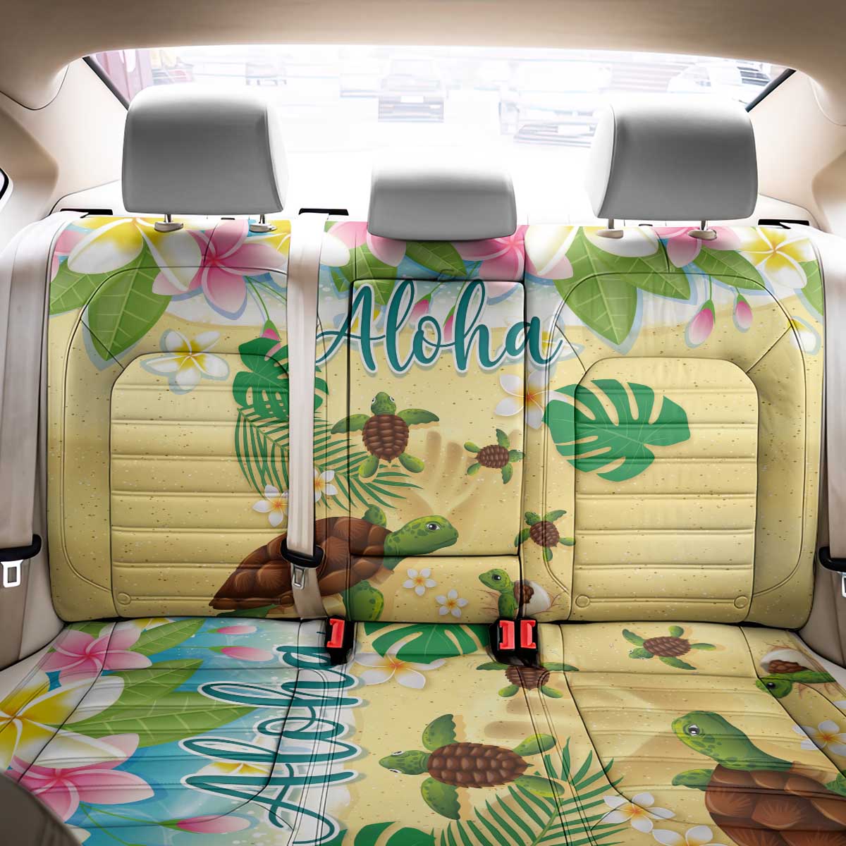 Aloha Turtle Family on The Beach Back Car Seat Cover with Hawaiian Colorful Plumeria LT03 - Polynesian Pride