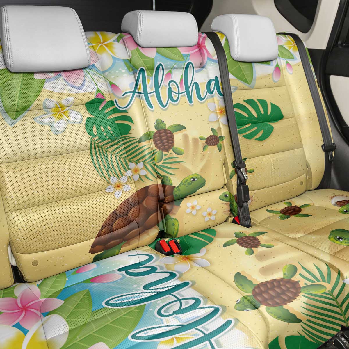 Aloha Turtle Family on The Beach Back Car Seat Cover with Hawaiian Colorful Plumeria LT03 - Polynesian Pride