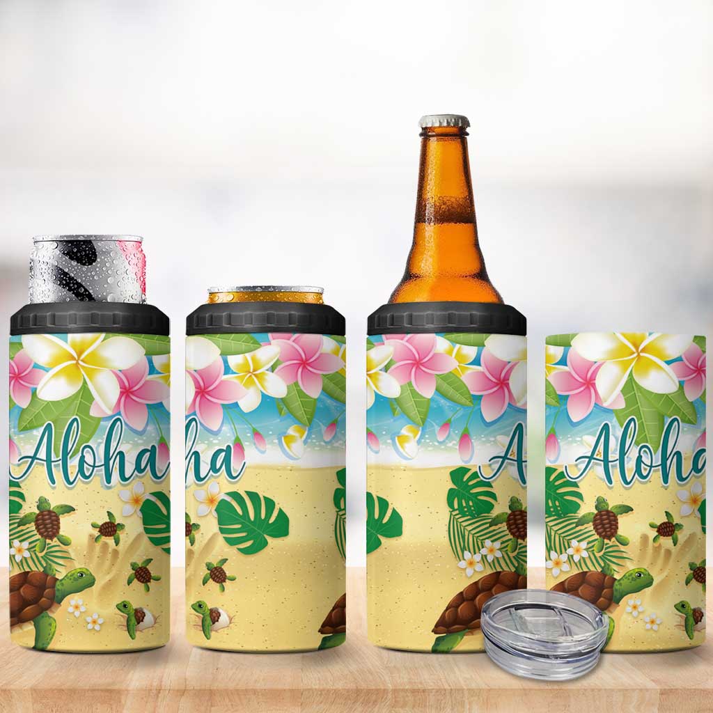 Hawaii Aloha Turtle Family on The Beach with Colorful Tropical Flowers 4 in 1 Can Cooler Tumbler LT03 - Polynesian Pride