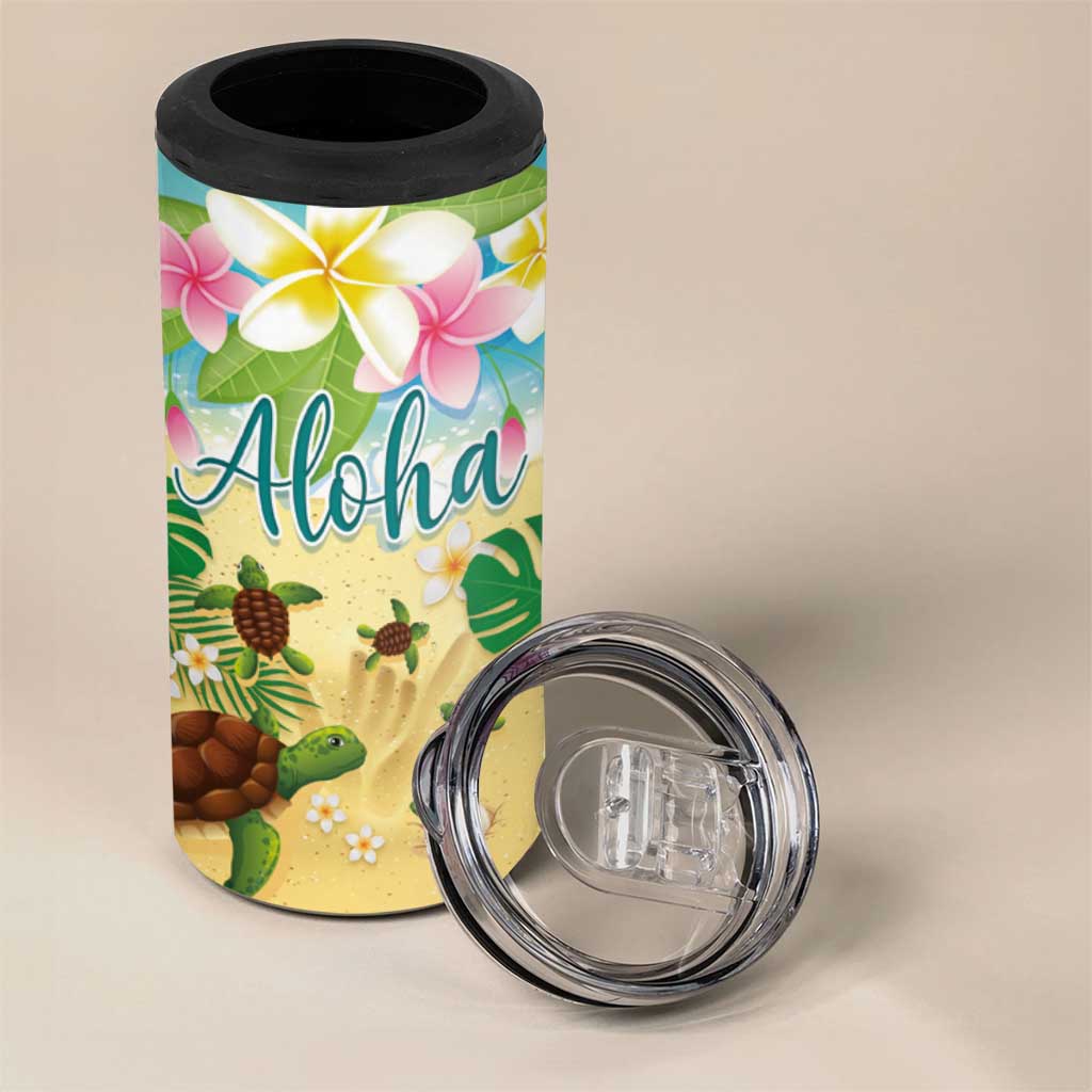 Hawaii Aloha Turtle Family on The Beach with Colorful Tropical Flowers 4 in 1 Can Cooler Tumbler LT03 - Polynesian Pride