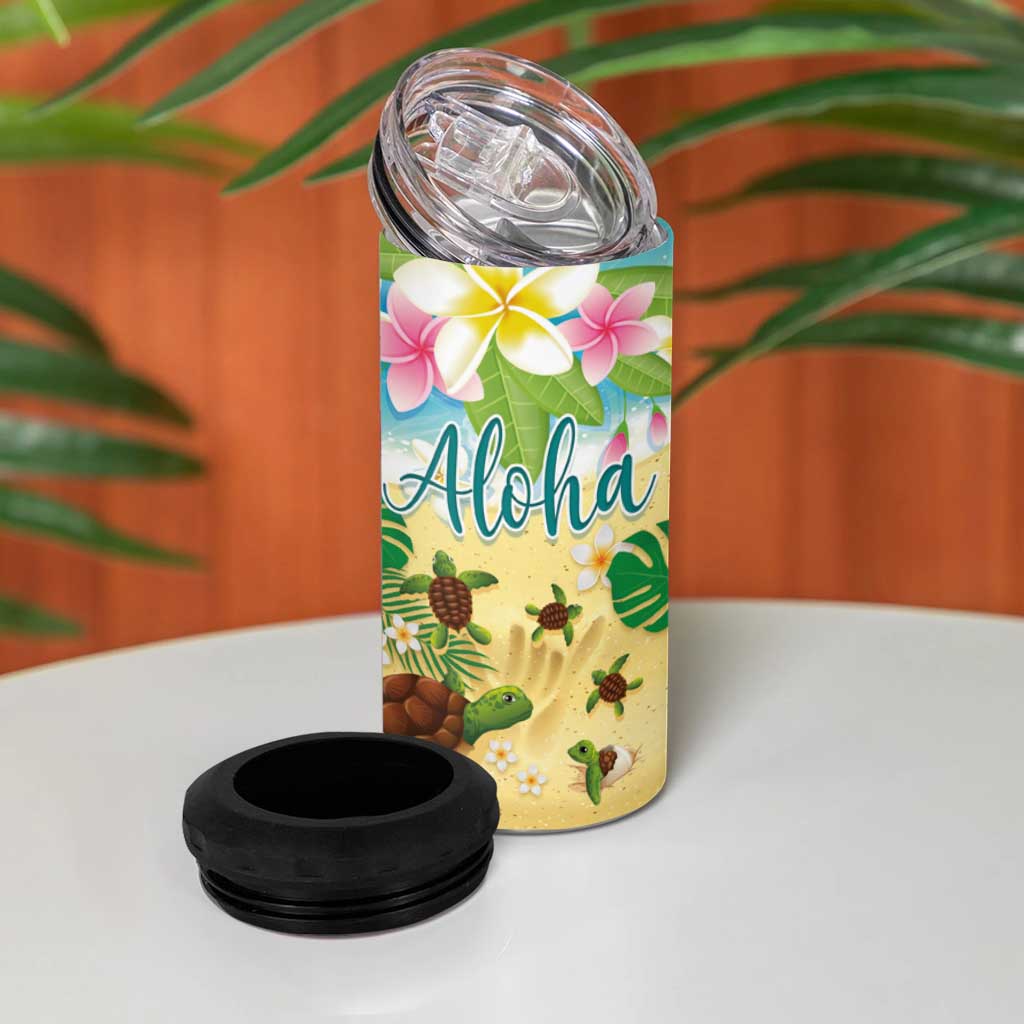 Hawaii Aloha Turtle Family on The Beach with Colorful Tropical Flowers 4 in 1 Can Cooler Tumbler LT03 - Polynesian Pride