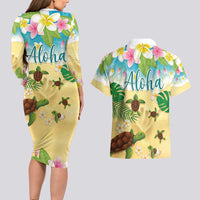 Aloha Turtle Family on The Beach Couples Matching Long Sleeve Bodycon Dress and Hawaiian Shirt with Hawaiian Colorful Plumeria LT03 - Polynesian Pride