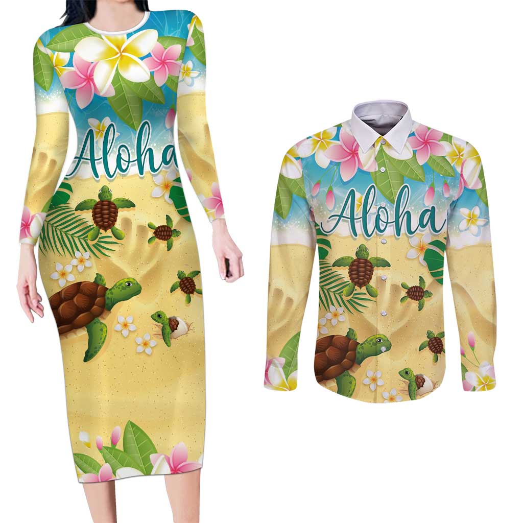 Aloha Turtle Family on The Beach Couples Matching Long Sleeve Bodycon Dress and Long Sleeve Button Shirt with Hawaiian Colorful Plumeria LT03 Beige - Polynesian Pride