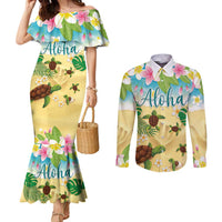 Aloha Turtle Family on The Beach Couples Matching Mermaid Dress and Long Sleeve Button Shirt with Hawaiian Colorful Plumeria LT03 Beige - Polynesian Pride