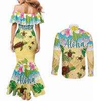 Aloha Turtle Family on The Beach Couples Matching Mermaid Dress and Long Sleeve Button Shirt with Hawaiian Colorful Plumeria LT03 - Polynesian Pride
