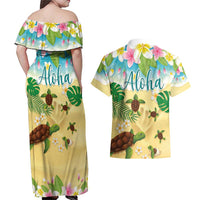 Aloha Turtle Family on The Beach Couples Matching Off Shoulder Maxi Dress and Hawaiian Shirt with Hawaiian Colorful Plumeria LT03 - Polynesian Pride