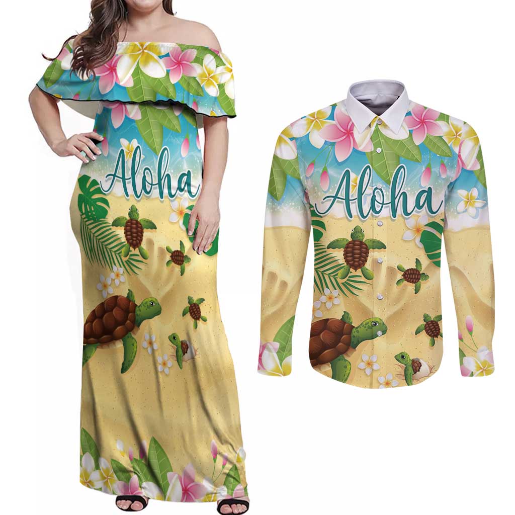 Aloha Turtle Family on The Beach Couples Matching Off Shoulder Maxi Dress and Long Sleeve Button Shirt with Hawaiian Colorful Plumeria LT03 Beige - Polynesian Pride