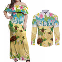 Aloha Turtle Family on The Beach Couples Matching Off Shoulder Maxi Dress and Long Sleeve Button Shirt with Hawaiian Colorful Plumeria LT03 Beige - Polynesian Pride