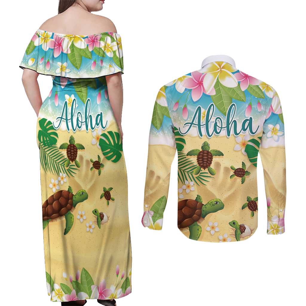 Aloha Turtle Family on The Beach Couples Matching Off Shoulder Maxi Dress and Long Sleeve Button Shirt with Hawaiian Colorful Plumeria LT03 - Polynesian Pride