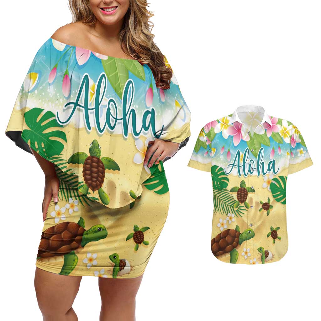 Aloha Turtle Family on The Beach Couples Matching Off Shoulder Short Dress and Hawaiian Shirt with Hawaiian Colorful Plumeria LT03 Beige - Polynesian Pride