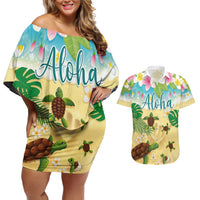 Aloha Turtle Family on The Beach Couples Matching Off Shoulder Short Dress and Hawaiian Shirt with Hawaiian Colorful Plumeria LT03 Beige - Polynesian Pride