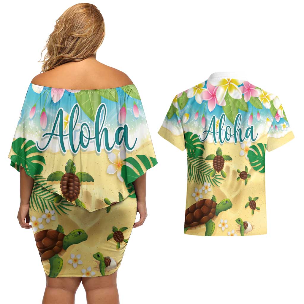 Aloha Turtle Family on The Beach Couples Matching Off Shoulder Short Dress and Hawaiian Shirt with Hawaiian Colorful Plumeria LT03 - Polynesian Pride