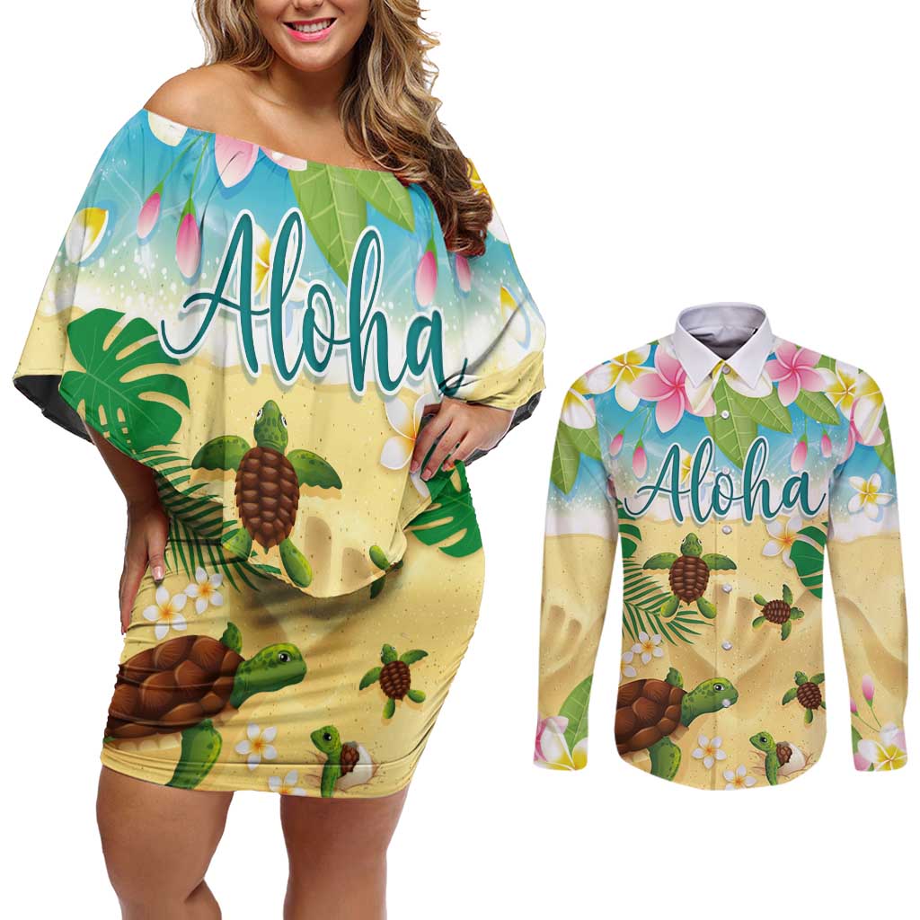 Aloha Turtle Family on The Beach Couples Matching Off Shoulder Short Dress and Long Sleeve Button Shirt with Hawaiian Colorful Plumeria LT03 Beige - Polynesian Pride