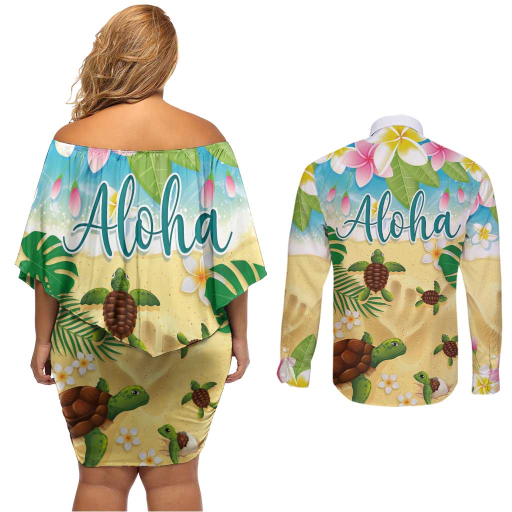 Aloha Turtle Family on The Beach Couples Matching Off Shoulder Short Dress and Long Sleeve Button Shirt with Hawaiian Colorful Plumeria LT03 - Polynesian Pride