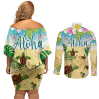 Aloha Turtle Family on The Beach Couples Matching Off Shoulder Short Dress and Long Sleeve Button Shirt with Hawaiian Colorful Plumeria LT03 - Polynesian Pride