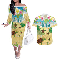 Aloha Turtle Family on The Beach Couples Matching Off The Shoulder Long Sleeve Dress and Hawaiian Shirt with Hawaiian Colorful Plumeria LT03 Beige - Polynesian Pride