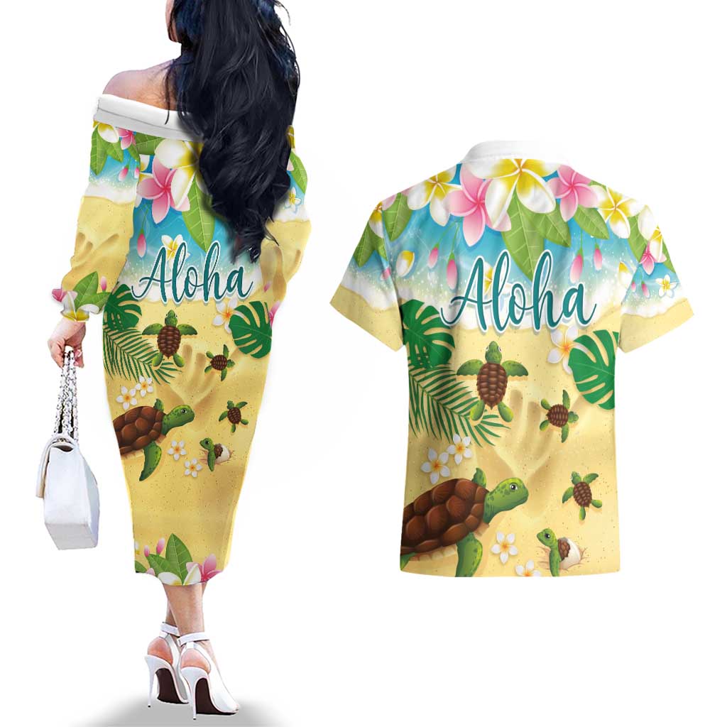 Aloha Turtle Family on The Beach Couples Matching Off The Shoulder Long Sleeve Dress and Hawaiian Shirt with Hawaiian Colorful Plumeria LT03 - Polynesian Pride