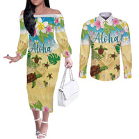 Aloha Turtle Family on The Beach Couples Matching Off The Shoulder Long Sleeve Dress and Long Sleeve Button Shirt with Hawaiian Colorful Plumeria LT03 Beige - Polynesian Pride