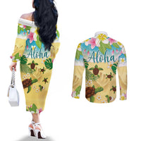 Aloha Turtle Family on The Beach Couples Matching Off The Shoulder Long Sleeve Dress and Long Sleeve Button Shirt with Hawaiian Colorful Plumeria LT03 - Polynesian Pride