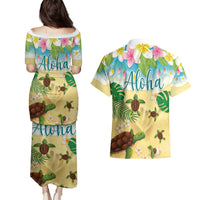 Aloha Turtle Family on The Beach Couples Matching Puletasi and Hawaiian Shirt with Hawaiian Colorful Plumeria LT03 - Polynesian Pride
