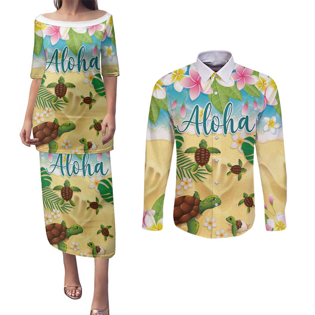 Aloha Turtle Family on The Beach Couples Matching Puletasi and Long Sleeve Button Shirt with Hawaiian Colorful Plumeria LT03 Beige - Polynesian Pride