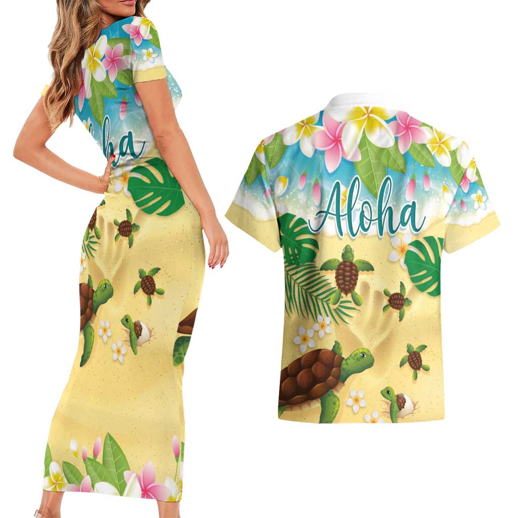 Aloha Turtle Family on The Beach Couples Matching Short Sleeve Bodycon Dress and Hawaiian Shirt with Hawaiian Colorful Plumeria LT03 - Polynesian Pride