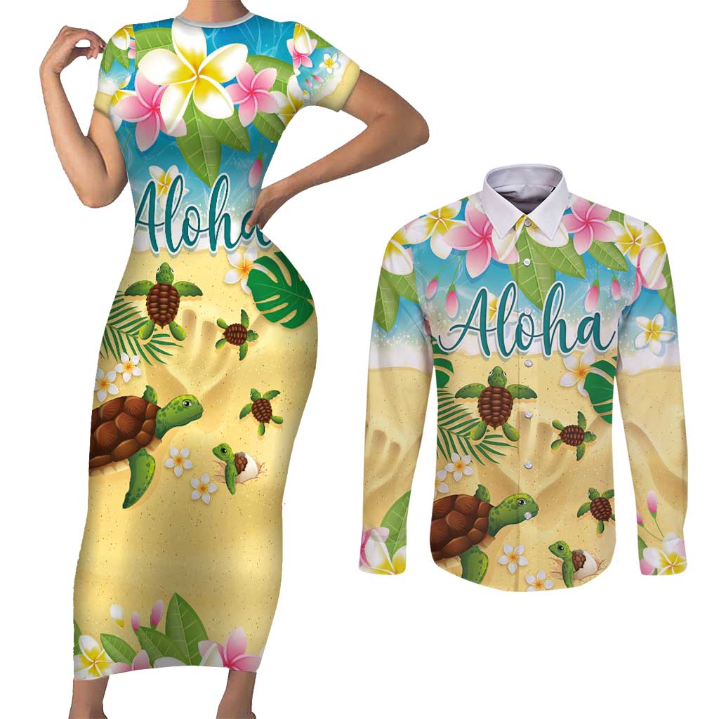 Aloha Turtle Family on The Beach Couples Matching Short Sleeve Bodycon Dress and Long Sleeve Button Shirt with Hawaiian Colorful Plumeria LT03 Beige - Polynesian Pride