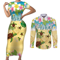 Aloha Turtle Family on The Beach Couples Matching Short Sleeve Bodycon Dress and Long Sleeve Button Shirt with Hawaiian Colorful Plumeria LT03 Beige - Polynesian Pride