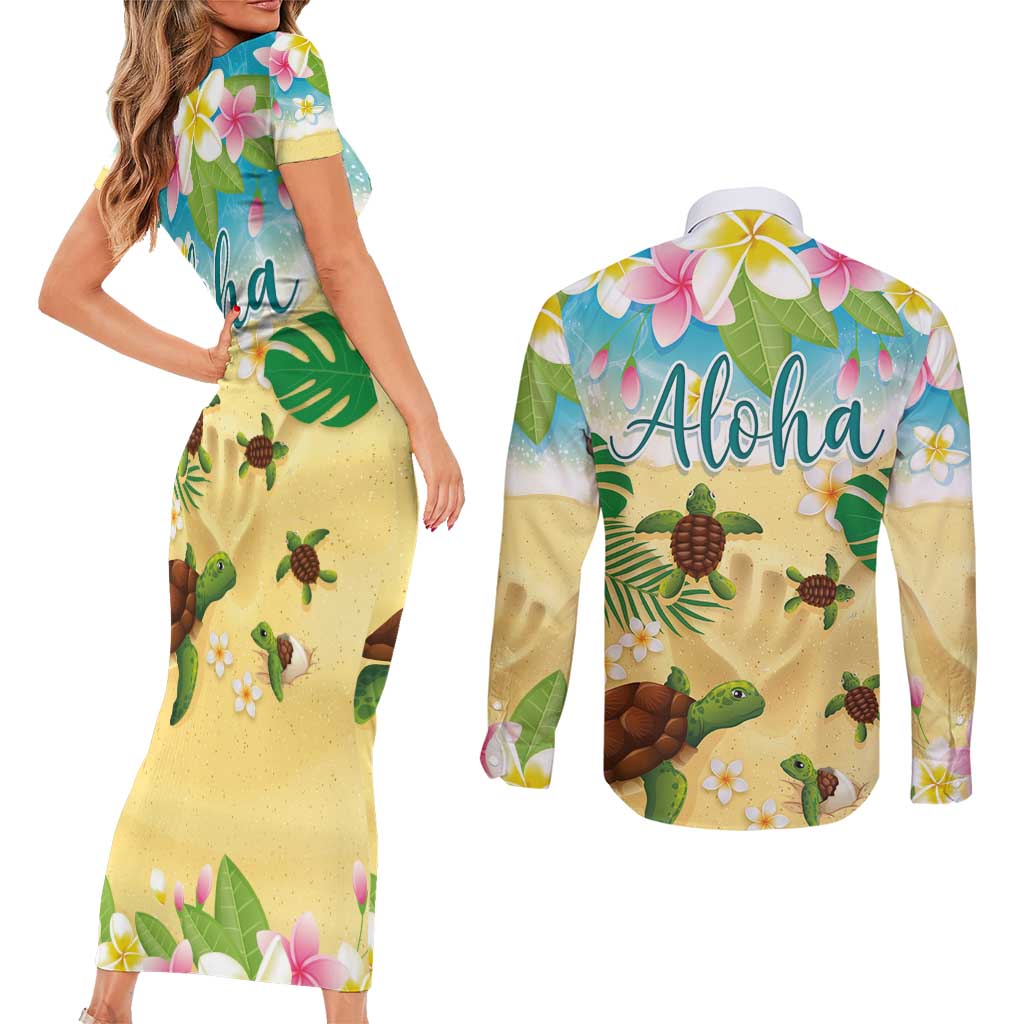 Aloha Turtle Family on The Beach Couples Matching Short Sleeve Bodycon Dress and Long Sleeve Button Shirt with Hawaiian Colorful Plumeria LT03 - Polynesian Pride