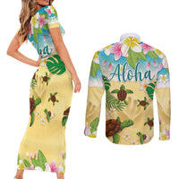 Aloha Turtle Family on The Beach Couples Matching Short Sleeve Bodycon Dress and Long Sleeve Button Shirt with Hawaiian Colorful Plumeria LT03 - Polynesian Pride