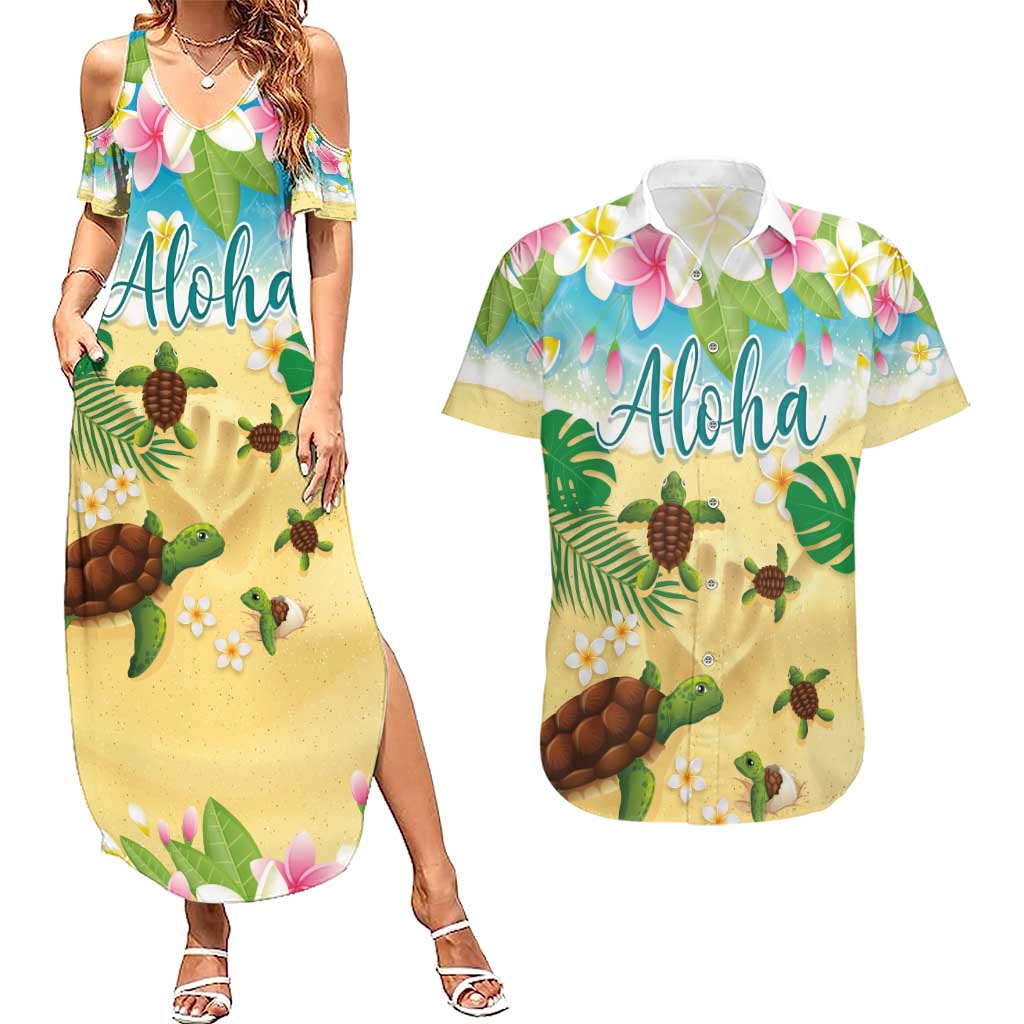 Aloha Turtle Family on The Beach Couples Matching Summer Maxi Dress and Hawaiian Shirt with Hawaiian Colorful Plumeria LT03 Beige - Polynesian Pride