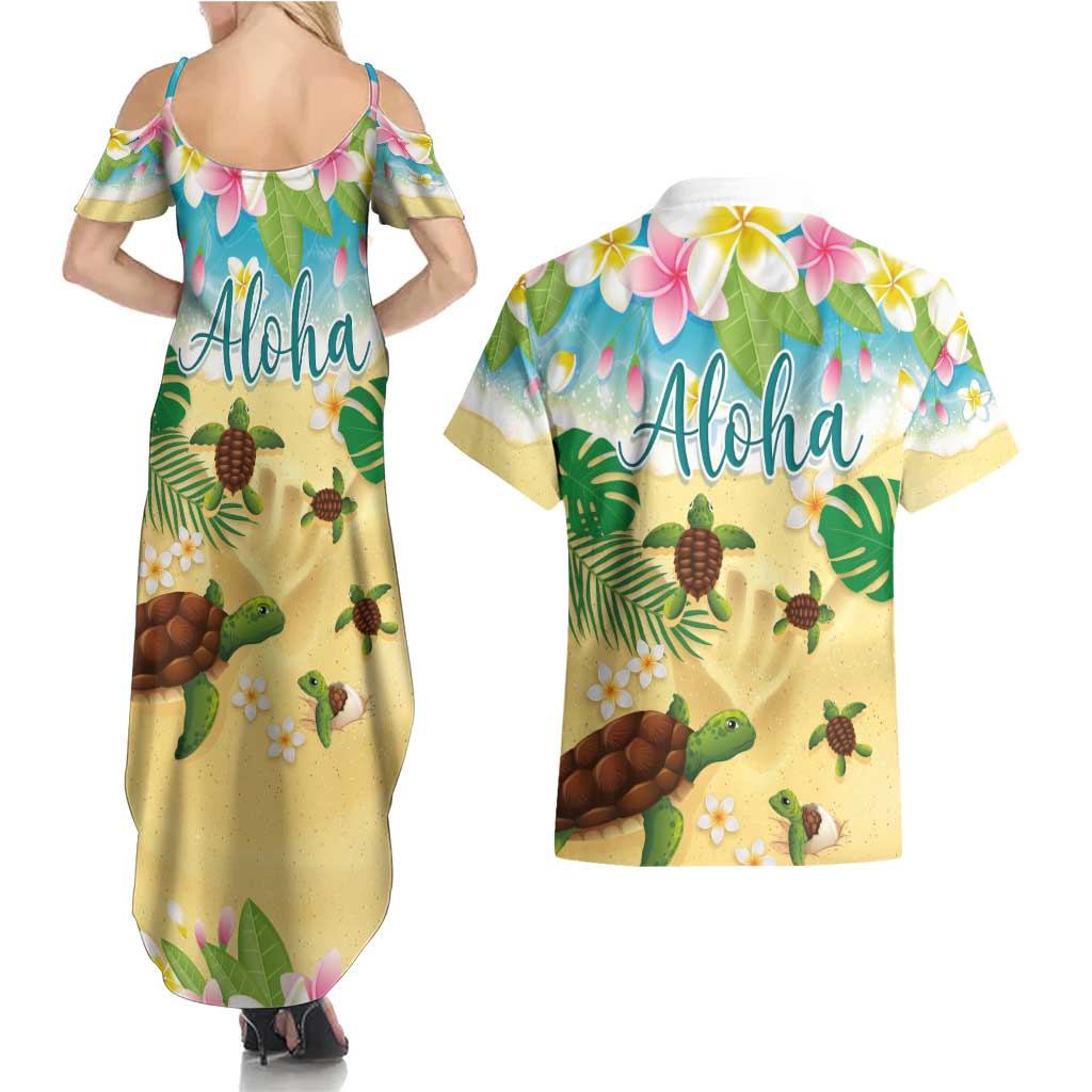 Aloha Turtle Family on The Beach Couples Matching Summer Maxi Dress and Hawaiian Shirt with Hawaiian Colorful Plumeria LT03 - Polynesian Pride