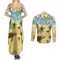 Aloha Turtle Family on The Beach Couples Matching Summer Maxi Dress and Long Sleeve Button Shirt with Hawaiian Colorful Plumeria LT03 - Polynesian Pride