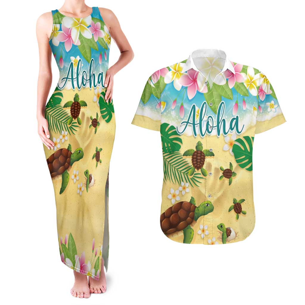 Aloha Turtle Family on The Beach Couples Matching Tank Maxi Dress and Hawaiian Shirt with Hawaiian Colorful Plumeria LT03 Beige - Polynesian Pride
