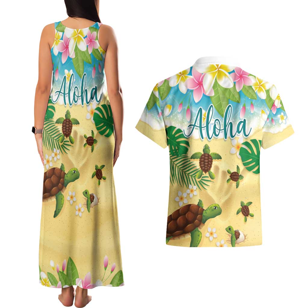 Aloha Turtle Family on The Beach Couples Matching Tank Maxi Dress and Hawaiian Shirt with Hawaiian Colorful Plumeria LT03 - Polynesian Pride