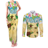 Aloha Turtle Family on The Beach Couples Matching Tank Maxi Dress and Long Sleeve Button Shirt with Hawaiian Colorful Plumeria LT03 Beige - Polynesian Pride