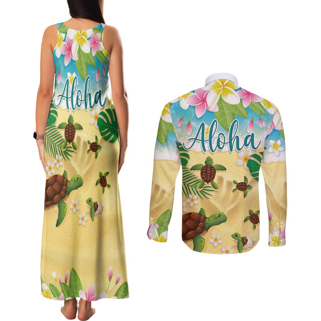 Aloha Turtle Family on The Beach Couples Matching Tank Maxi Dress and Long Sleeve Button Shirt with Hawaiian Colorful Plumeria LT03 - Polynesian Pride