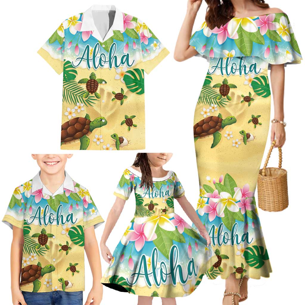 Aloha Turtle Family on The Beach Family Matching Mermaid Dress and Hawaiian Shirt with Hawaiian Colorful Plumeria LT03 - Polynesian Pride