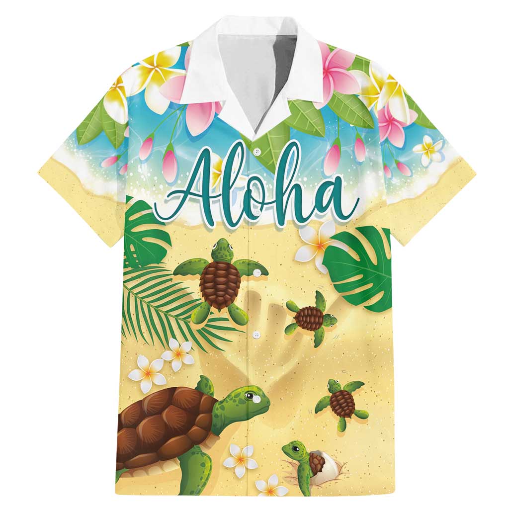 Aloha Turtle Family on The Beach Family Matching Mermaid Dress and Hawaiian Shirt with Hawaiian Colorful Plumeria LT03 Dad's Shirt - Short Sleeve Beige - Polynesian Pride
