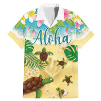 Aloha Turtle Family on The Beach Family Matching Mermaid Dress and Hawaiian Shirt with Hawaiian Colorful Plumeria LT03 Dad's Shirt - Short Sleeve Beige - Polynesian Pride