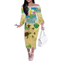 Aloha Turtle Family on The Beach Family Matching Off The Shoulder Long Sleeve Dress and Hawaiian Shirt with Hawaiian Colorful Plumeria LT03 Mom's Dress Beige - Polynesian Pride