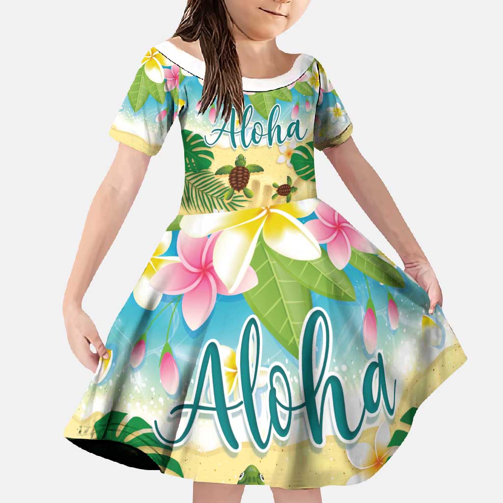Aloha Turtle Family on The Beach Family Matching Off Shoulder Maxi Dress and Hawaiian Shirt with Hawaiian Colorful Plumeria LT03 Daughter's Dress Beige - Polynesian Pride