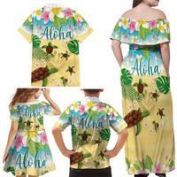 Aloha Turtle Family on The Beach Family Matching Off Shoulder Maxi Dress and Hawaiian Shirt with Hawaiian Colorful Plumeria LT03 - Polynesian Pride
