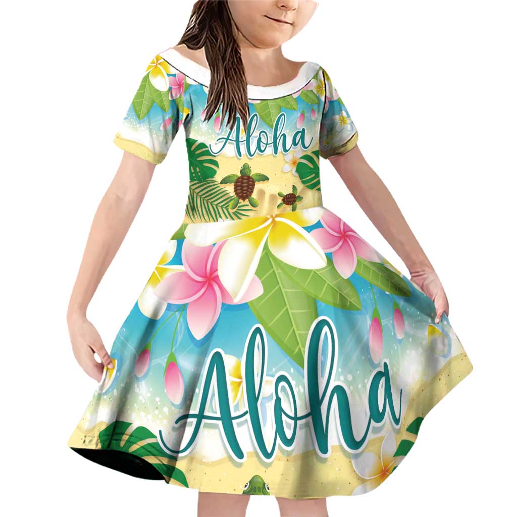 Aloha Turtle Family on The Beach Family Matching Off Shoulder Short Dress and Hawaiian Shirt with Hawaiian Colorful Plumeria LT03 Daughter's Dress Beige - Polynesian Pride