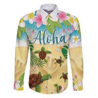 Aloha Turtle Family on The Beach Family Matching Puletasi and Hawaiian Shirt with Hawaiian Colorful Plumeria LT03 Dad's Shirt - Long Sleeve Beige - Polynesian Pride
