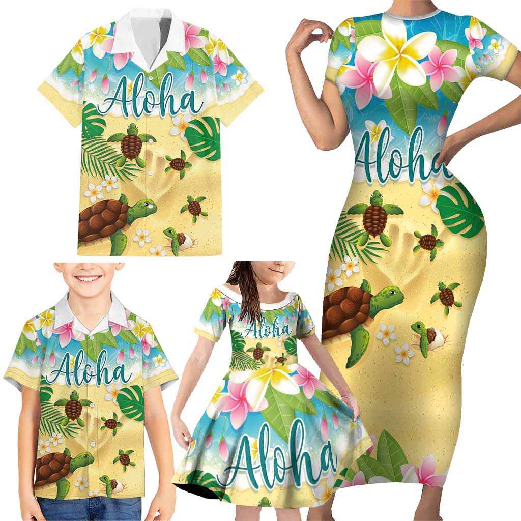 Aloha Turtle Family on The Beach Family Matching Short Sleeve Bodycon Dress and Hawaiian Shirt with Hawaiian Colorful Plumeria LT03 - Polynesian Pride